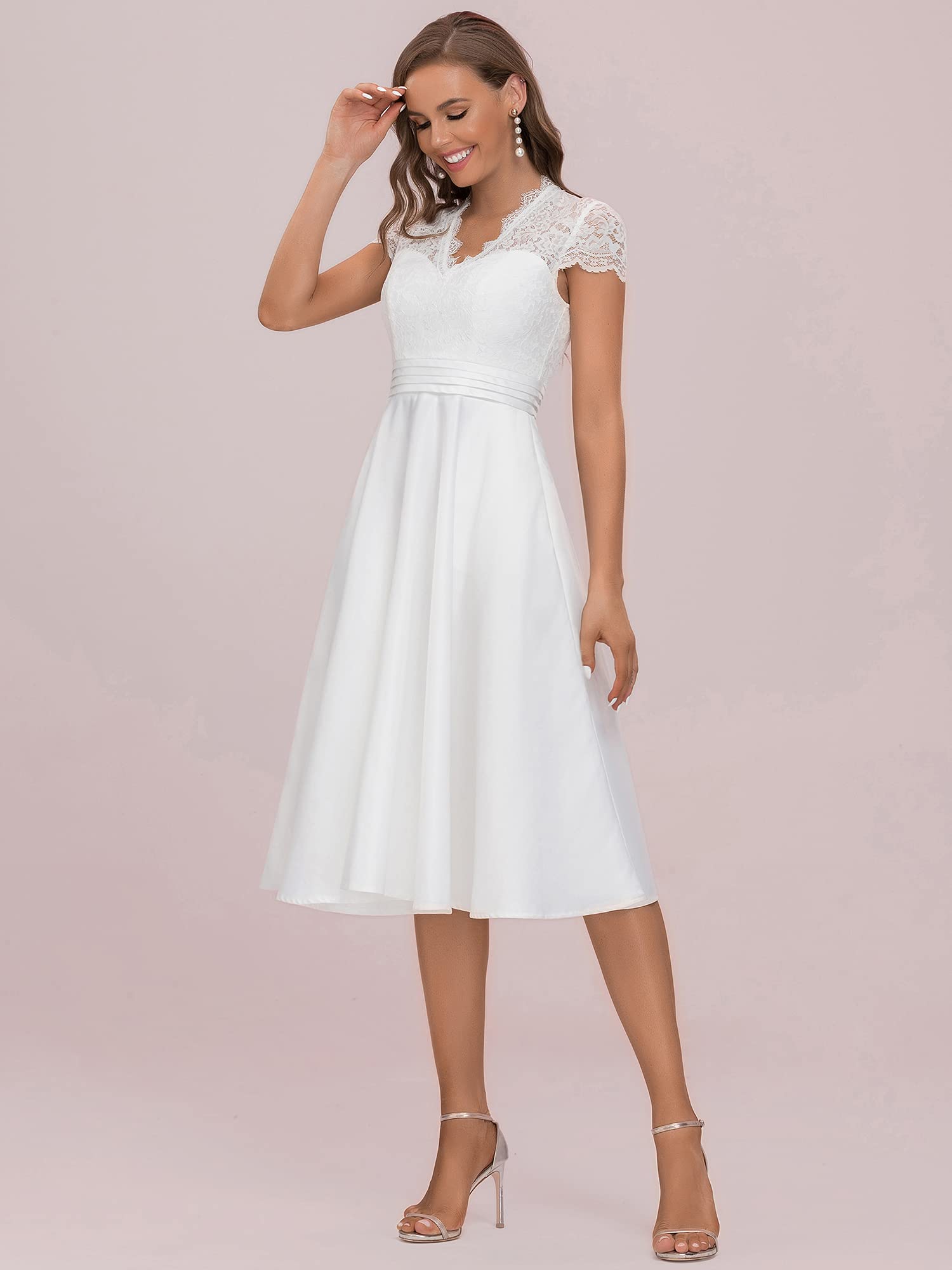 Ever-Pretty Abiti da Damigella Pizzo Maniche Corte Scollo a V Stile Impero Linea ad A Elegante Midi da Donna 40400