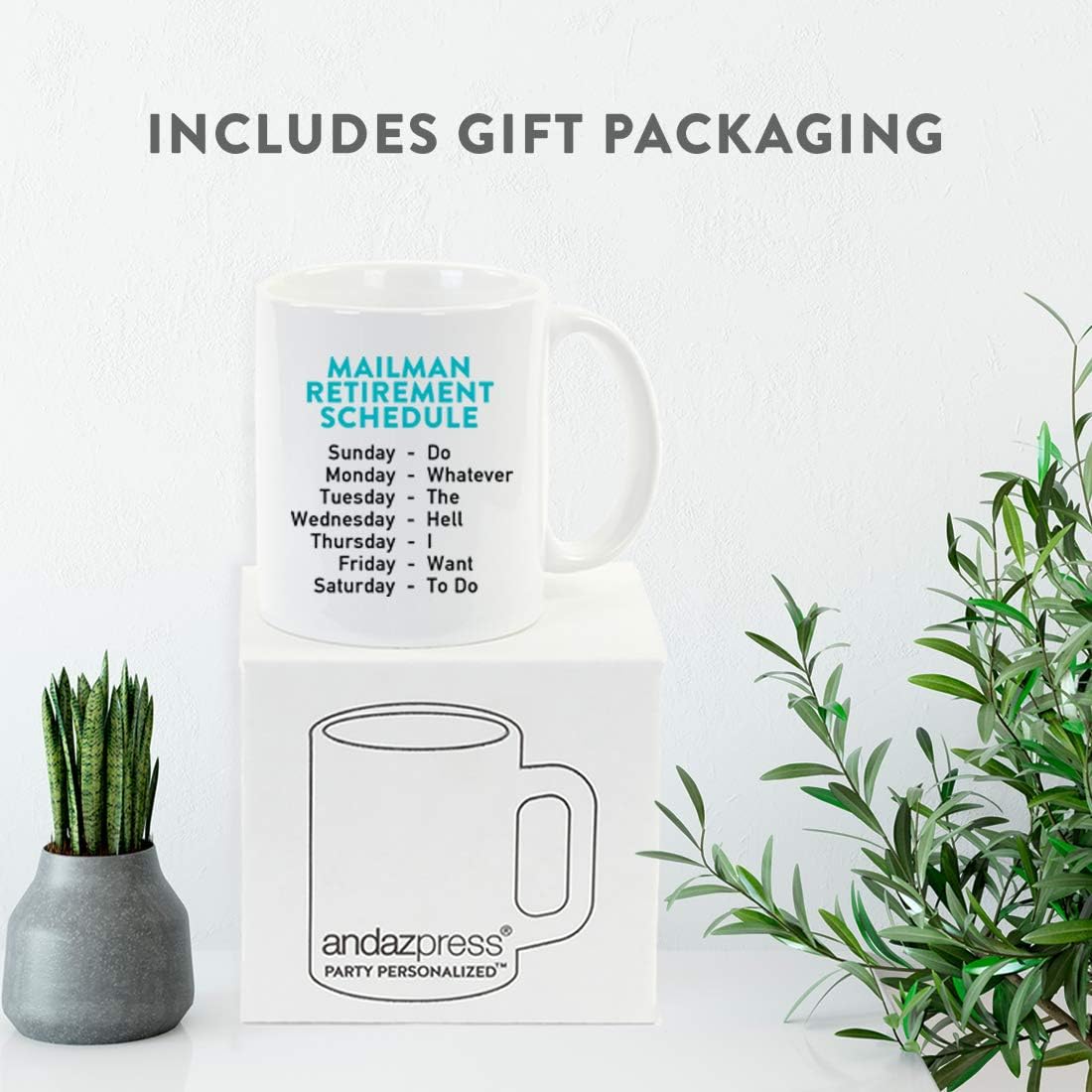 Andaz Press Funny Retirement 11oz. Coffee Mug Gag Gift, Mailman Retirement Schedule, 1-Pack, Coworker Boss Family Christmas Ideas, with Gift Box
