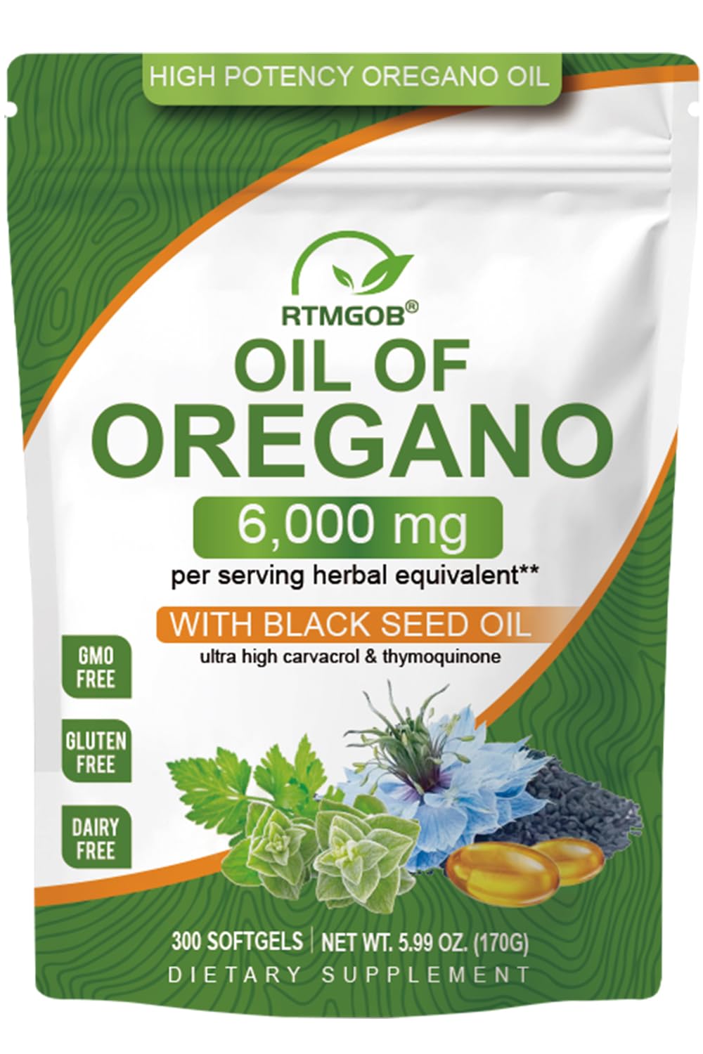 RTMGOB Suplemento de óleo de orégano com óleo de semente-preta, 6.000 mg + 200 mg, 300 cápsulas softgel