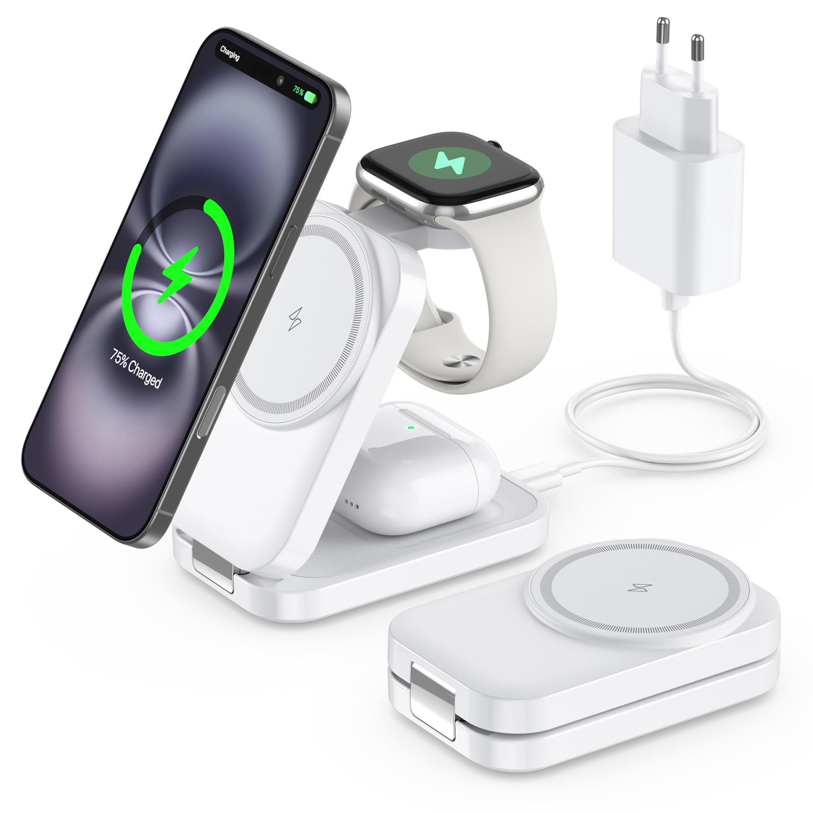Charging Station Compatible with Apple Watch and iPhone, Super Portable Magsafe Charger for iPhone 16 15 14 13 12 Series, 3-in-1 Mag-Safe Charging Station for Apple Watch AirPods Pro Series (White)