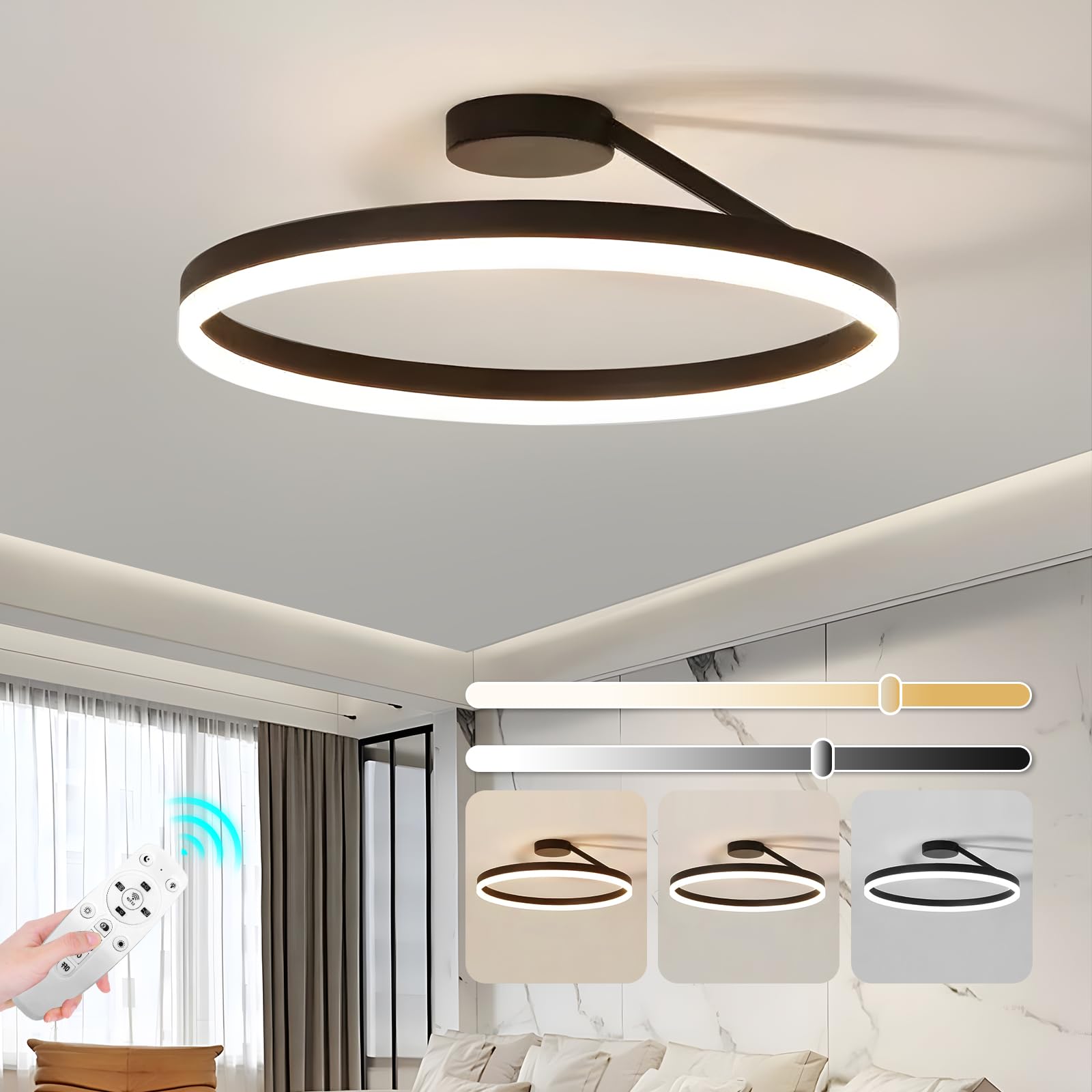YATAI Modern LED Chandelier, 28W Adjustable Dimmable LED Ceiling Light Fixture with Remote Control, 3-Color Temperature (3000K-6000K), 19.6" Flush Mount Light for Bedroom/Living Room, Black
