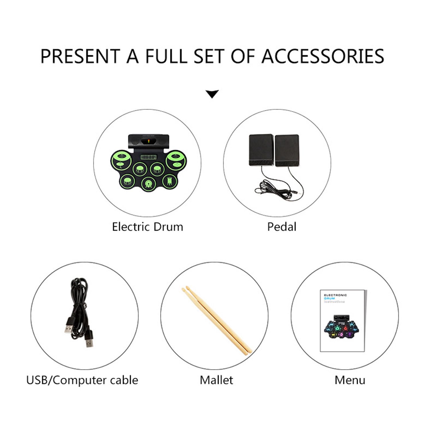 Batería Electrónica De 7 Pads, Instrumento De Percusión Somatosensorial Portátil, Pad De Práctica De Batería Enrollable con Pedales De Batería Y Baquetas, Altavoz Incorporado, Bluetooth Midi