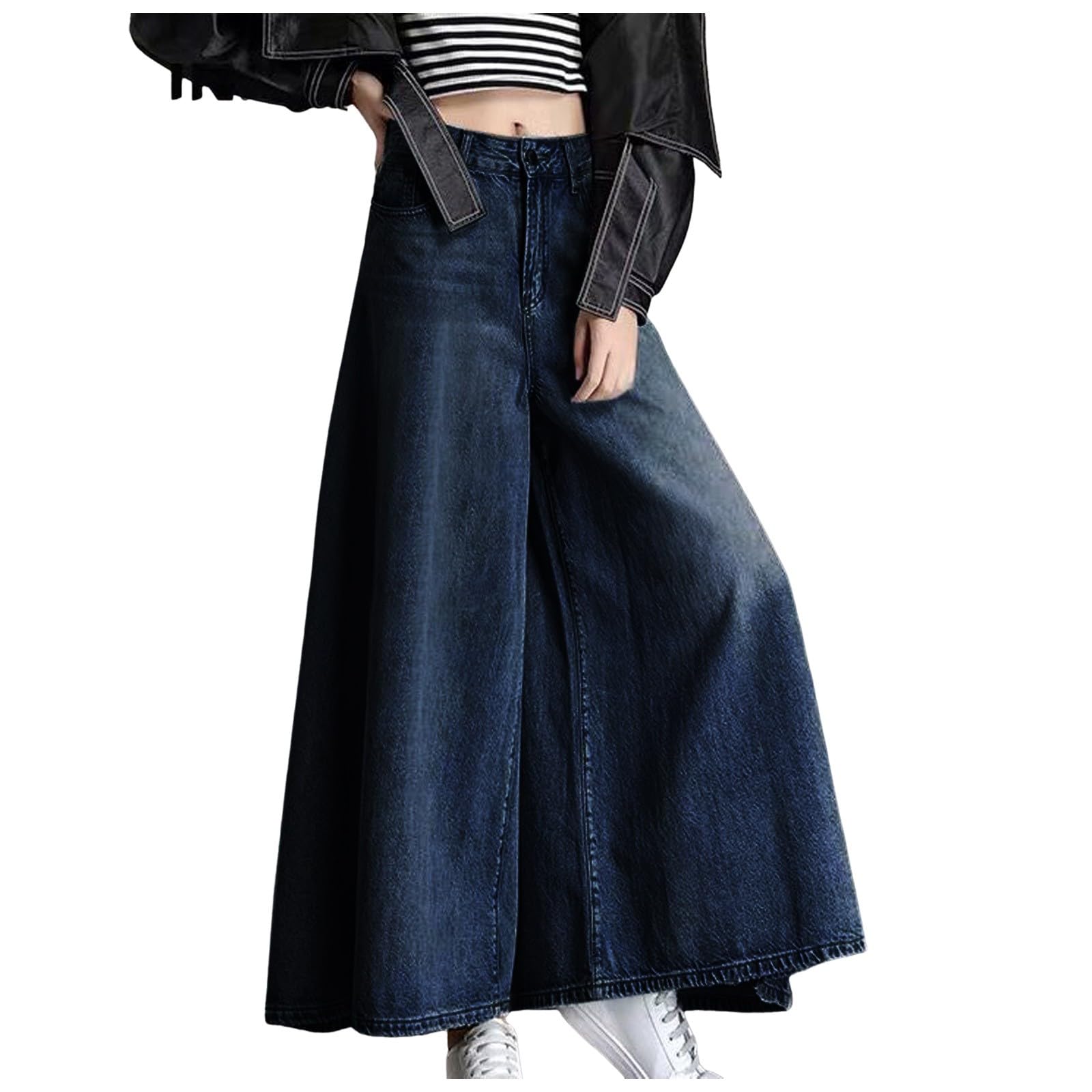 Damen Hose, 2024 Hoch Taillierte Mit Weitem Bein Für Im Frühjahr Und Hohe Und Große Rockhosen Mit Saum. Aus Verwaschenem Denim Mit Großem Bein., Für Arbeit Und Freizeit