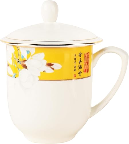 Jingdezhen - Taza de té de porcelana fina con tapa de 12 onzas, taza de porcelana blanca para oficina y hogar (amarillo y blanco)