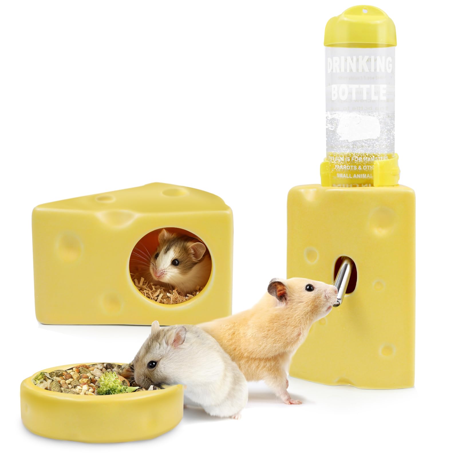 Hamster House, Water Bottle and Food Bowl, Cheese-Shaped Ceramic Small Animals Accessories, Hamster Accessories Set