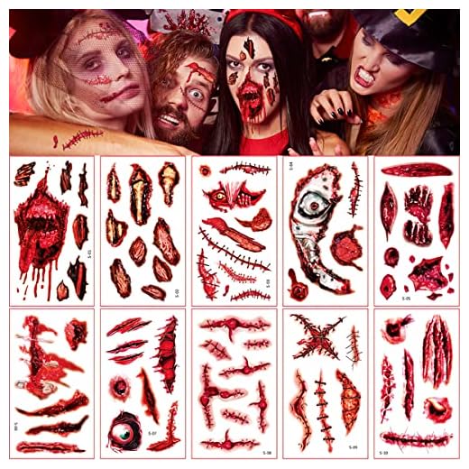 Tatuaje de Cicatriz de Halloween, FainFun 10/20 Piezas Calcomanias de Halloween, Pegatinas Heridas Halloween, Tatuajes Temporales, Tattoo Halloween, para Fiestas de Disfraces, Música (Rojo)