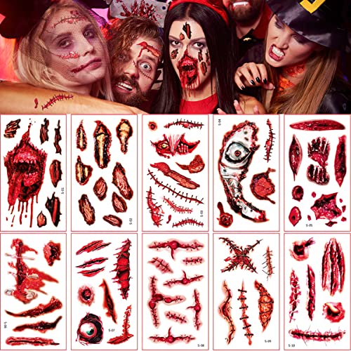 Tatuaje de Cicatriz de Halloween, FainFun 10/20 Piezas Calcomanias de Halloween, Pegatinas Heridas Halloween, Tatuajes Temporales, Tattoo Halloween, para Fiestas de Disfraces, Música (Rojo)