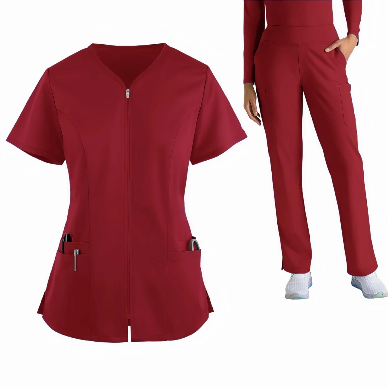 Divisa da Infermiera Set da Donna for Infermiere, Pantaloni Lunghi, Manica Corta, Tinta Unita, Multitasche, Uniforme Medica, Abbigliamento Lavoro Sanitario per Le Donne