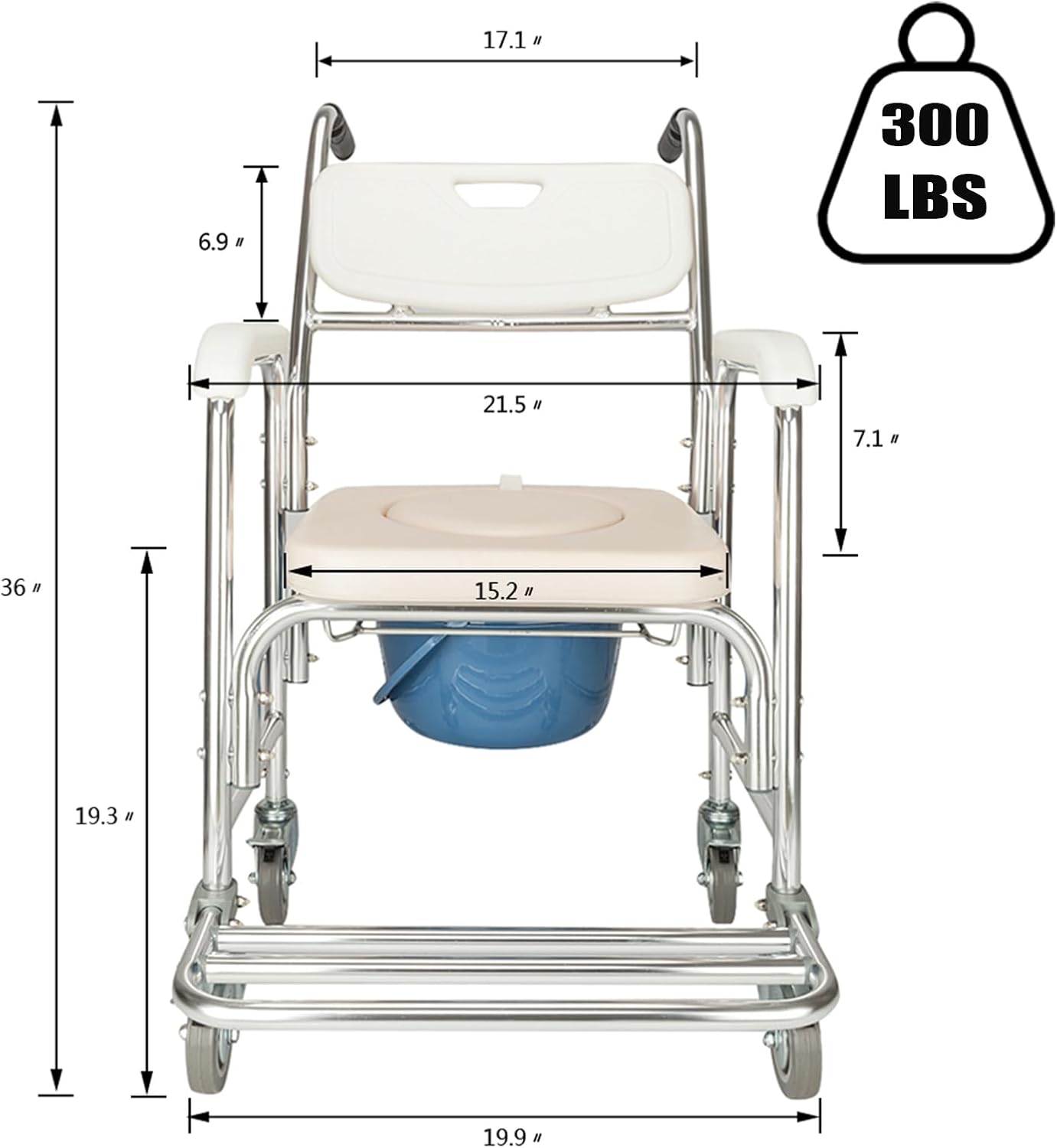 Bedside Commode Wheelchair, 4 in 1 Shower Commode Chair Rolling Transport Chair Toilet with Arms, Mobile Toilet Portable Adult Potty Chair for Seniors, Elderly, Disabled, Bariatric, Pregnant Women