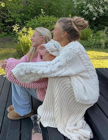 Women's Casual Oversized Sweaters Y2K Chunky Knit Pullover Tops Loose Sleeves Crew Neck Cable Knitted Sweater Tops4