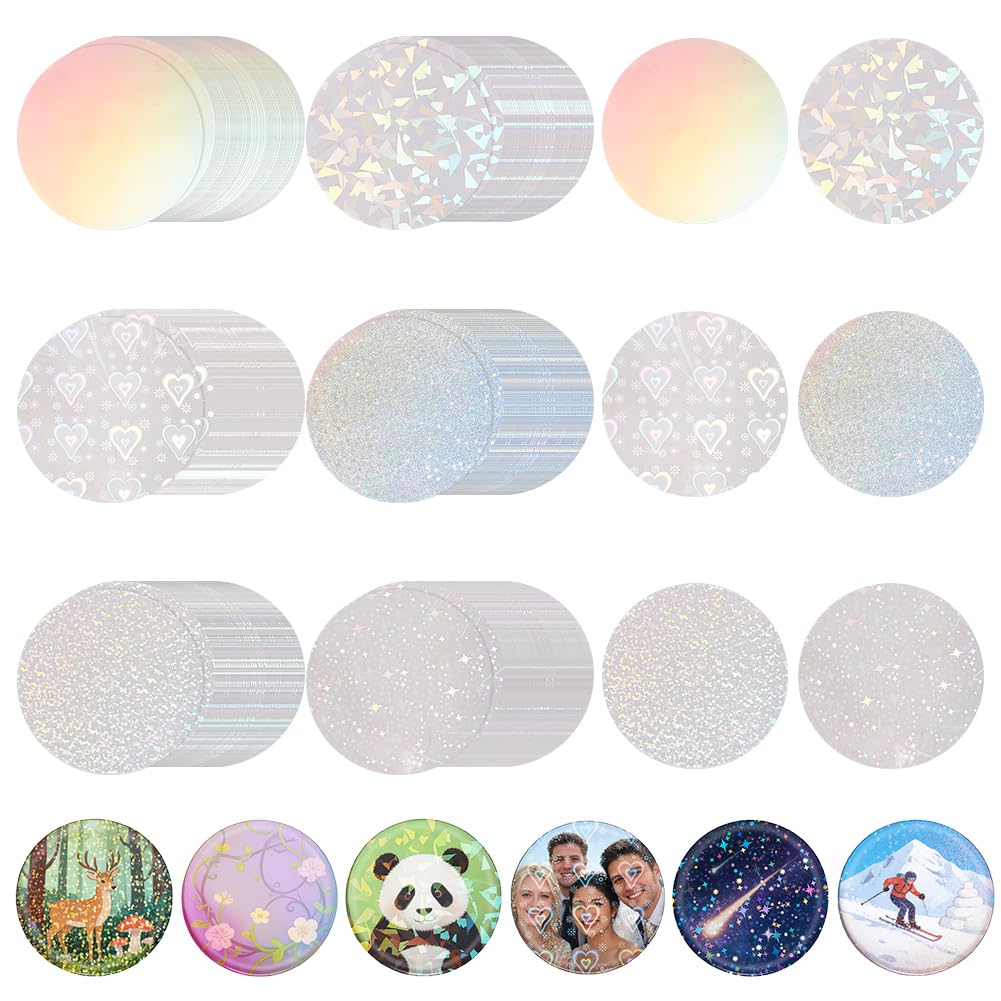 UNICRAFTALE 300 Pezzi 6 Stili Pellicola Protettiva Per Distintivo 70mm Fornitura Per Produttore Di Pulsanti Pellicola Glitter Olografica Per Produttore Di Pulsanti Rotondi 58mm Pezzi Per Fabbricazione