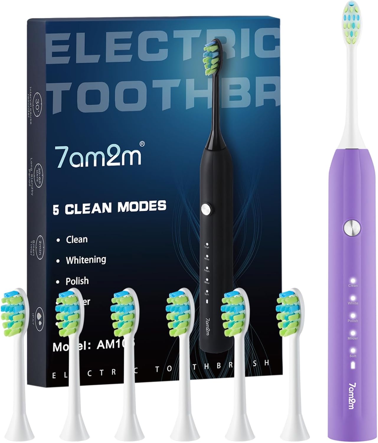 7AM2M Sonic Electric Toothbrush for Adults and Kids, One Charge for 90 Days, with 6 Brush Heads, 5 Modes with 2 Minutes Build in Smart Timer, Roman Column Handle Design(Purple)