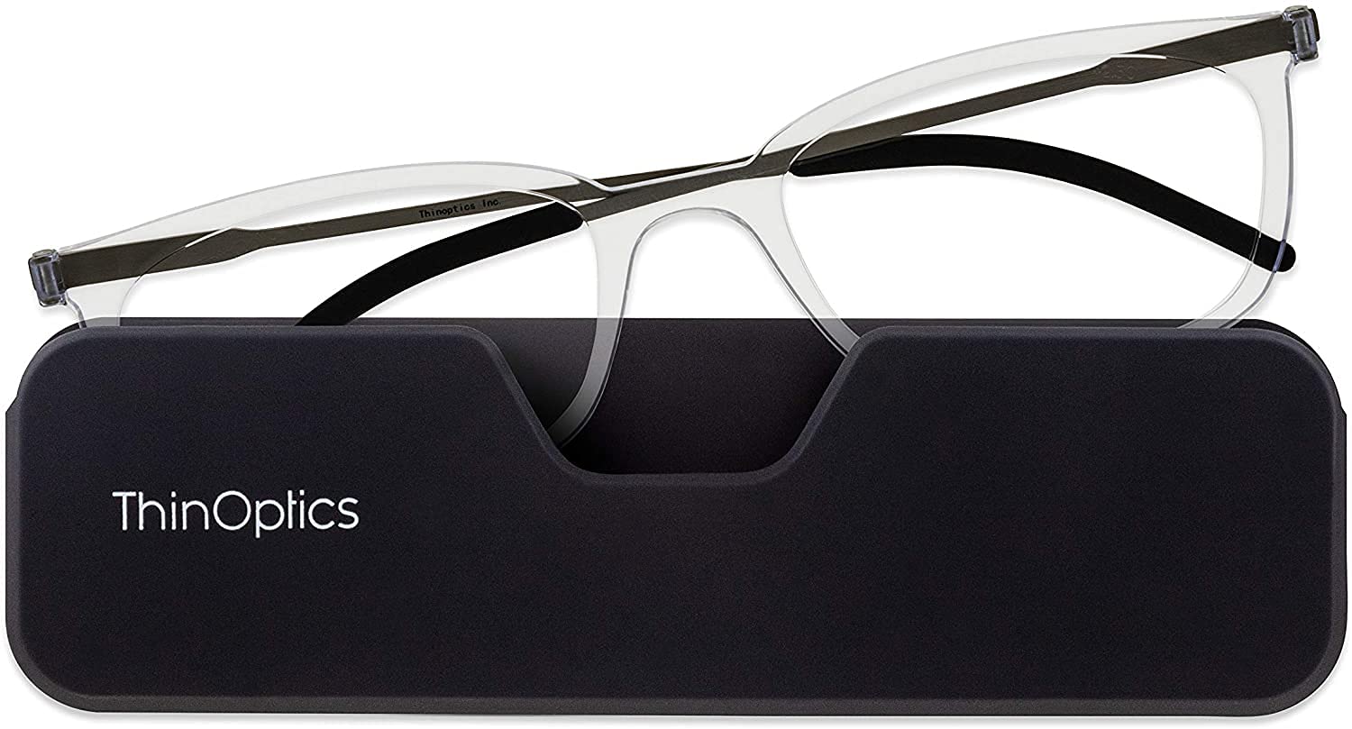 ThinOptics Connect Ultra-Thin Reading Glasses 3.00 Clear Frames - Magnetic Case Attaches to Phone - +3.0 Strength Rectangular Readers - Unisex for Men & Woman