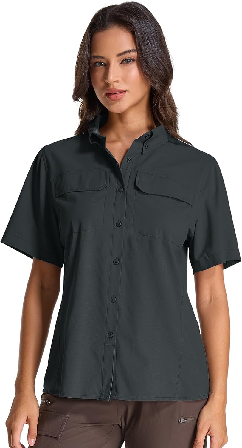 Womens Safari Hiking Sun Shirts Sun Protection Quick Dry Short Sleeve Button Shirts