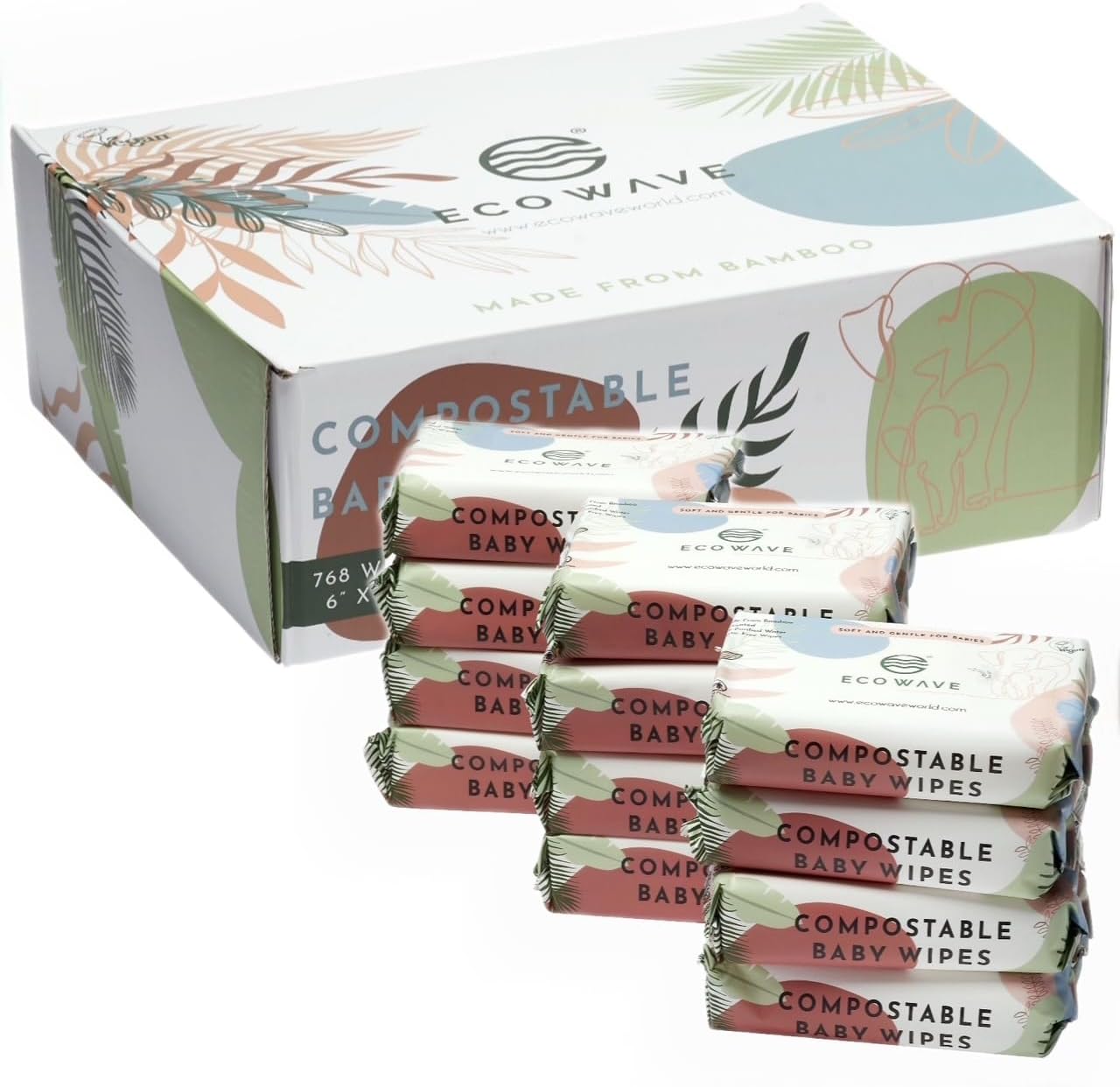 Eco Wave Bamboo Baby Wipes, 100% Biodegradable & Compostable, Unscented, Hypoallergenic, Vegan, Alcohol-Free, 768 Wipes