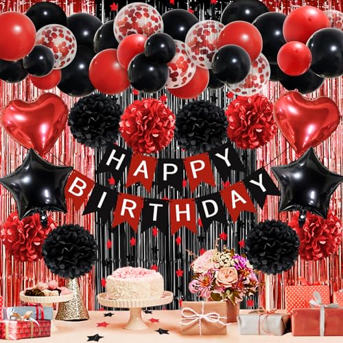 ZERODECO Red Black Birthday Party Decorations - Banner, Pompoms, Balloon Arch, Fringe Curtain Party Decor for Baby Girls Women's Birthday Celebration