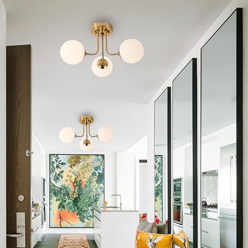 Miniatura 3 de Lámpara de techo moderna semiempotrada de 3 luces, pantalla de vidrio blanco globo, lámpara de techo semiempotrada, candelabros Sputnik para