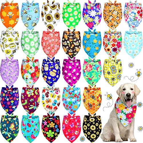 30 Pack Spring Summer Flower Dog Bandanas Soft Triangle Dog Scarfs Polyester Bandana PET Costume Cute Triangle Scarf Bibs with Flowers Patterns for Small Medium Large Pets