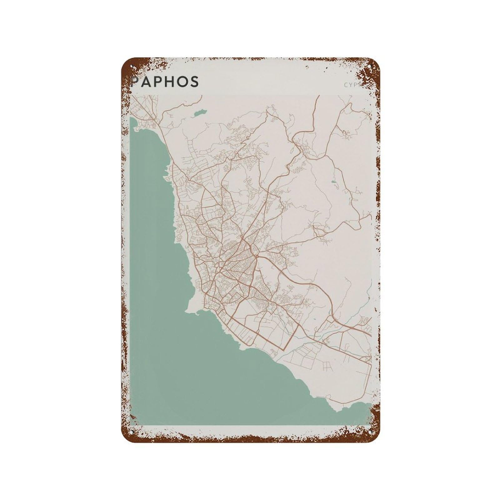 xiaoxiaoshen Paphos Map Cyprus Travel Gift Farmhouse Decor Wall Decor Art Metal Tin Poster Modern Home Decor Art Home Bar Shop Decorations Vintage Sign 30x20cm