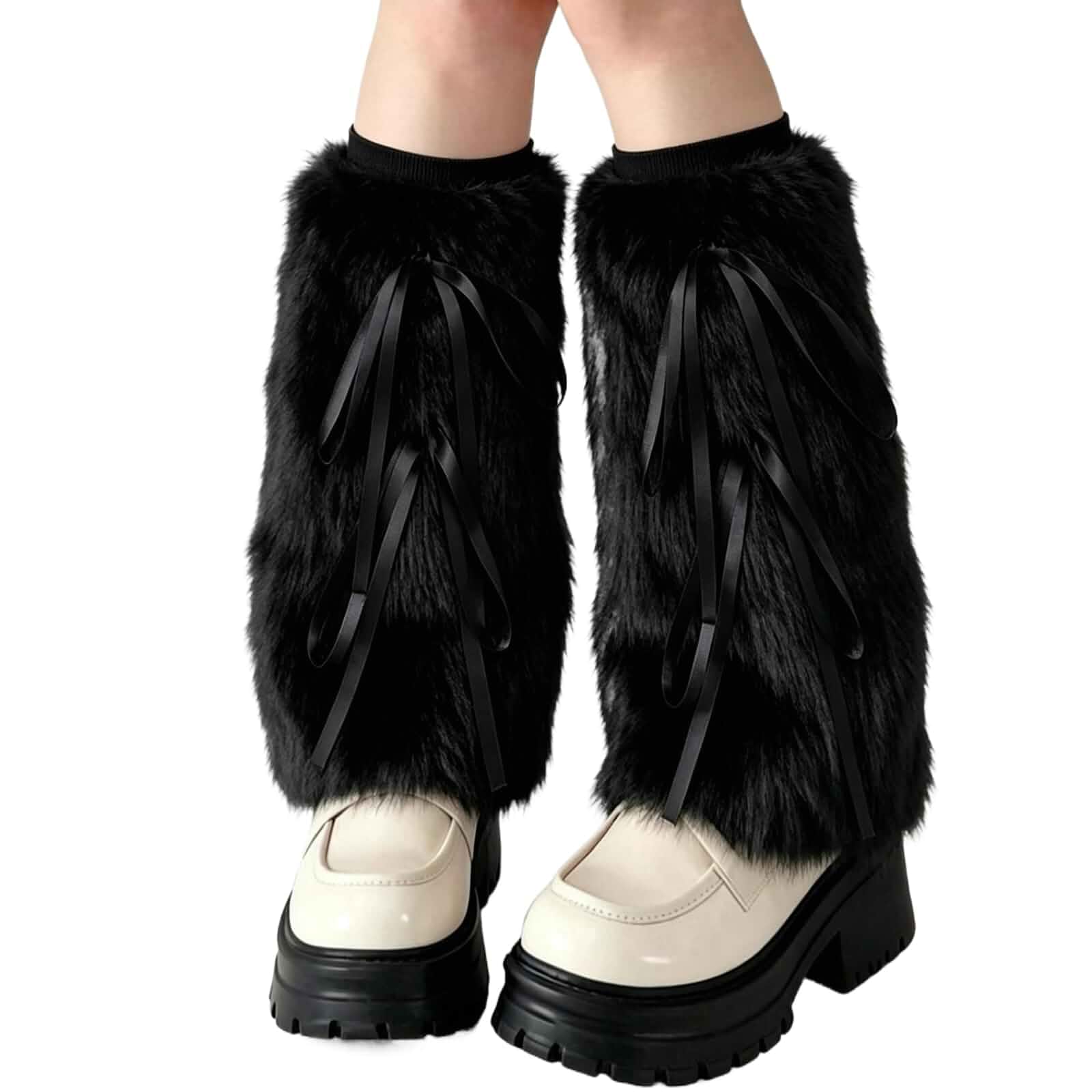 YELAIVP Women’s Faux Fur Leg Warmers Fluffy Furry Y2K Long Boot Covers with Satin Ribbon Bows for Rave Festival Cosplay Solid