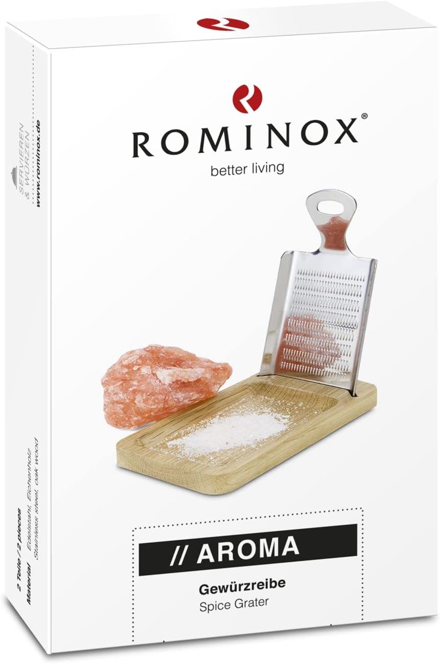 ROMINOX Gift Item Spice Grater // Aroma, Exclusive Stainless Steel Grater with Oak Wood Stand, Integrated Shelf, Ideal for Grating Salt Stones, Ginger, Turmeric, Garlic, Approx. 12.5 x 8 x 2 cm