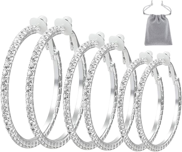 Elicola 3 Pairs Clip On Hoop Earrings With Cubic Zirconia Non Piercing Earrings Set for Women Girls, Silver 35-55mm