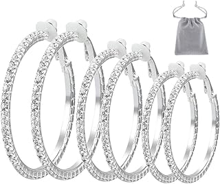 3 Pairs Clip On Hoop Earrings With Cubic Zirconia Non Piercing Earrings Set for Women Girls, Silver 35-55mm