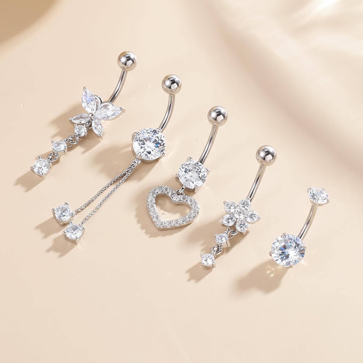 Belly Button Rings for Women, 5 Pcs 14G Dangle Surgical Stainless Steel Belly Ring Dangling Body Piercing Jewelry Barbell for Women with Heart Flower Butterfly Elements - Image 3