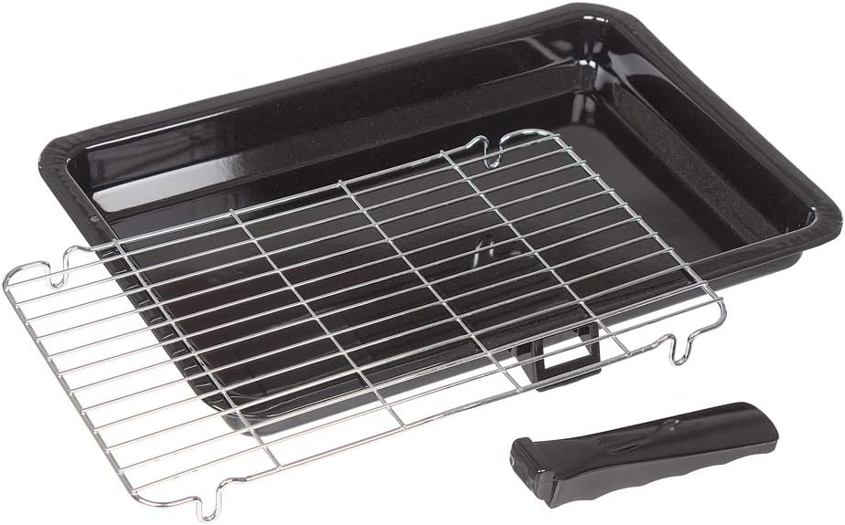 Invero Universal Vitreous Enamel Oven Cooker Grill Pan Tray with Steel Wire Rack and Single Detachable Handle (360mm x 245mm)