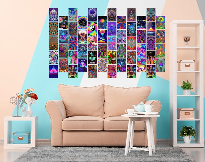 Image of Pack of 54 Psychedelic Wall Collage Kit Posters - 4 x 6 Inches Wall Decor Poster - Wall Art For Bedroom, Living room, Office - 1 Tissue Tape