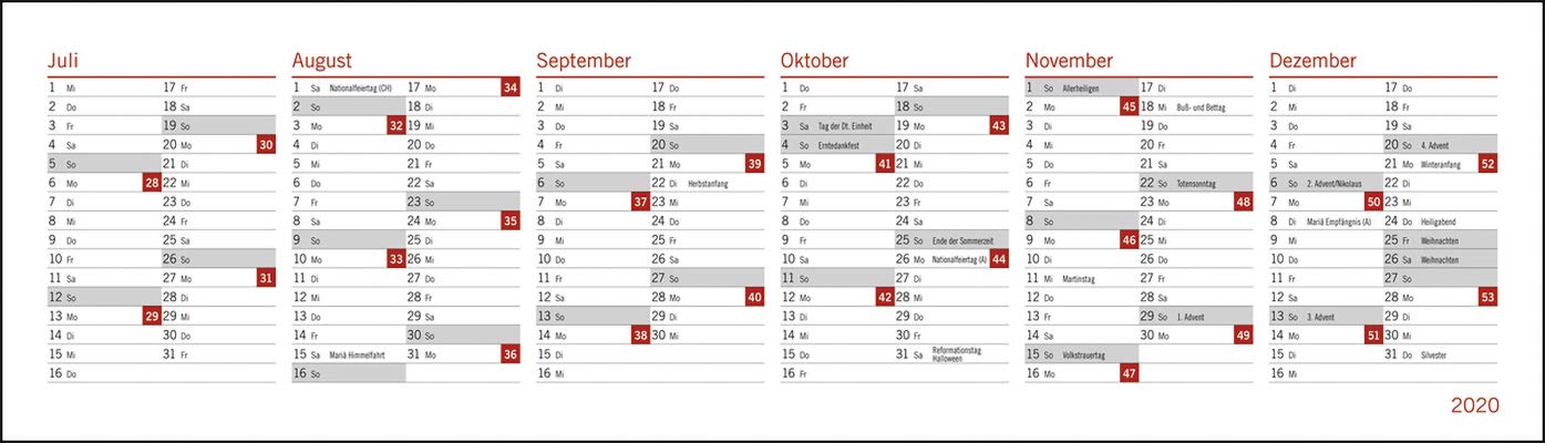 Bastin Wochenquerplaner. Tischkalender 2020. Wochenkalendarium. Spiralbindung. Format 32,5 x 9,3 cm