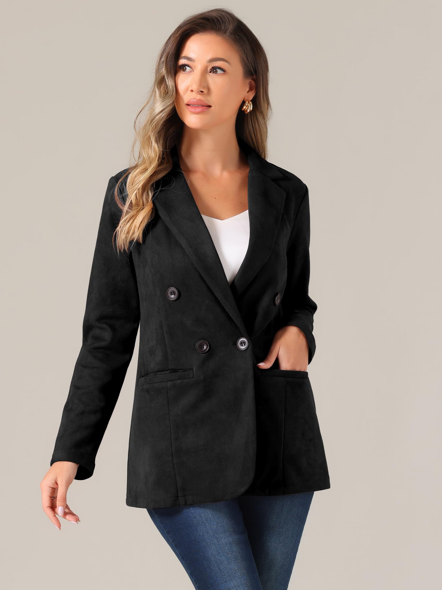 Allegra K Donna Blazer Natalizio in Finta Pelle Scamosciata per Giacca Christmas da Abito Doppiopetto Elegante con Colletto A Bavero di Natale