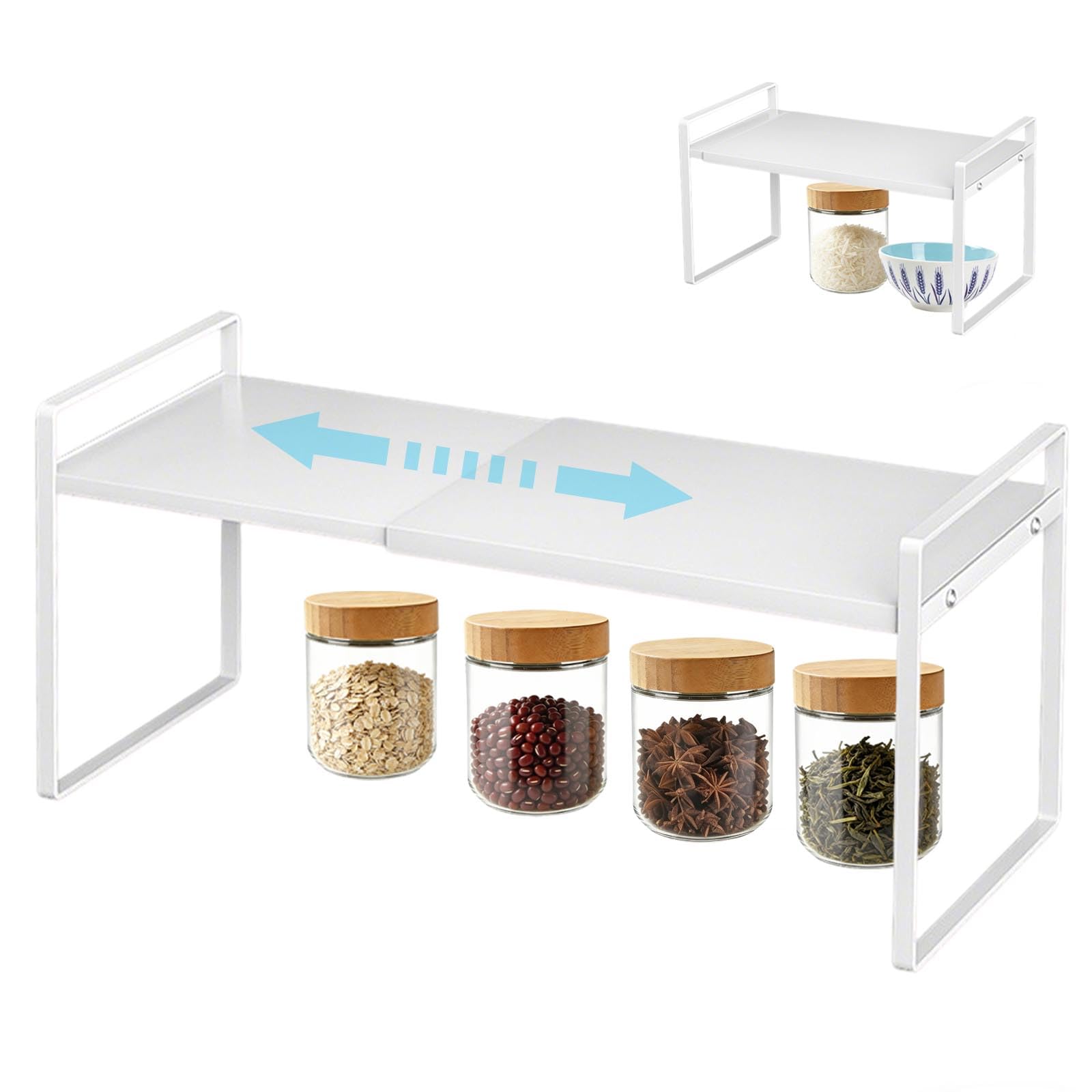 GANILITY Cabinet Storage Shelf Organizer Rack, 65 cm Expandable Steel Metal Spice Rack, Countertop Storages Pantry, Countertop, Cupboard Organizers and Storage, White