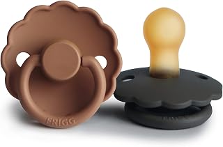 FRIGG Daisy Natural Rubber Baby Pacifier | Made in Denmark | BPA-Free (Graphite/Peach Bronze, 0-6 Months) 2-Pack