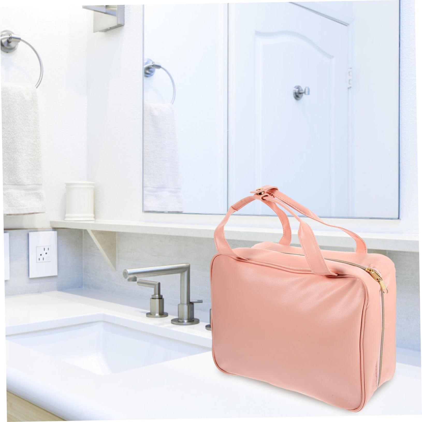 Hängende Kulturtasche aus Pu Leder, Rosa, Große Kapazität | Mehrere Fächer und Taschen, Tragbar mit Griff, für Reise und Outdoor Einsatz