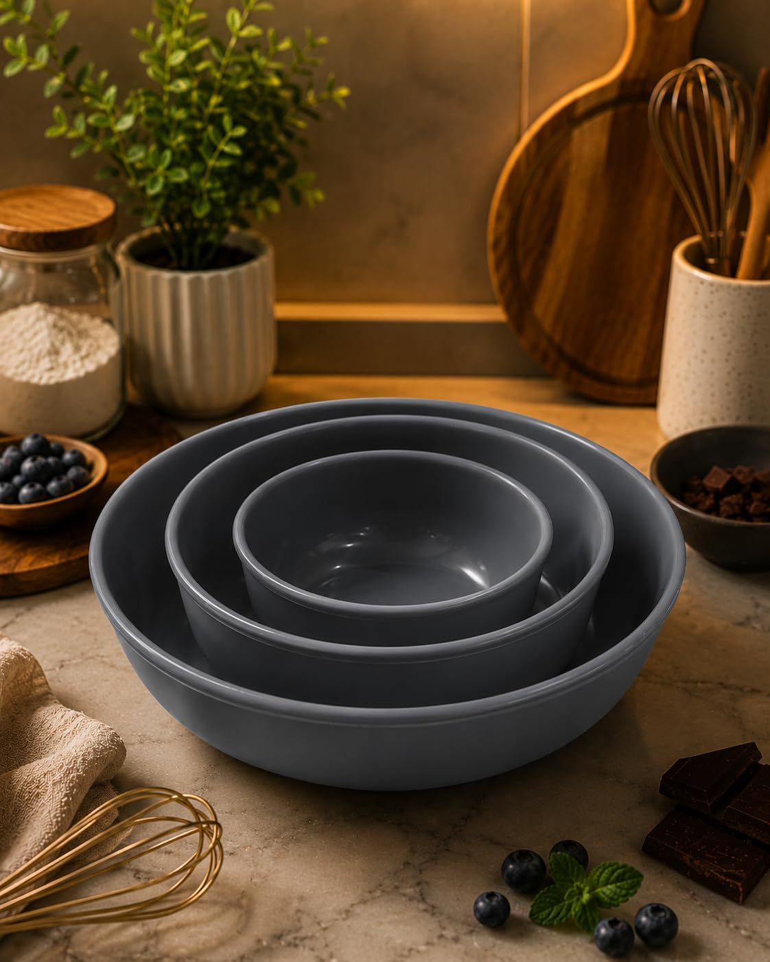 LIEFDE Silicone Baking Mould Round Set of 3 | Non - Stick & BPA Free | Oven, Microwave & Dishwasher Safe | Perfect for Cake, Brownies, Serving & Mixing | Color - Grey-image-1