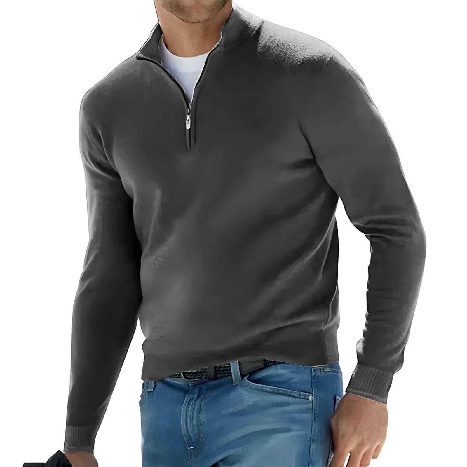 Maglione Uomo Pullover A Maniche Lunghe da Maglioni con Mezza Cerniera Lavorato Maglia Scollo V Streetwear Traspirante Oversize-Grigio Scuro-XXXL Asiatico (75-90 kg)