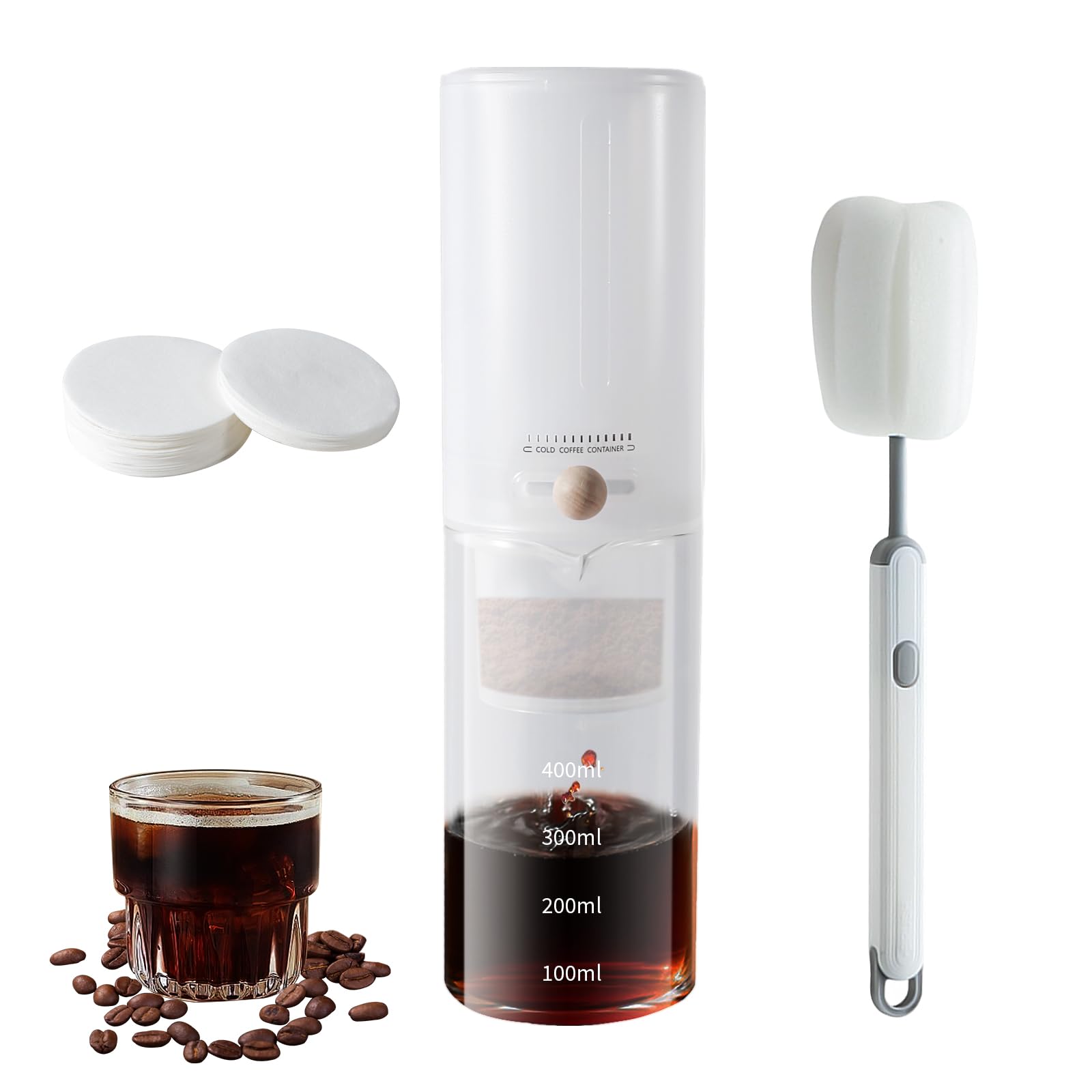 Cold Brew Coffee Maker, (4 Cups/600 ml) Coffee Machines for Cold Brew Coffee and Cold Tea, Drip Coffee Machines, Adjustable Cold Extraction Speed, Comes with 100 Filter Paper. (White)
