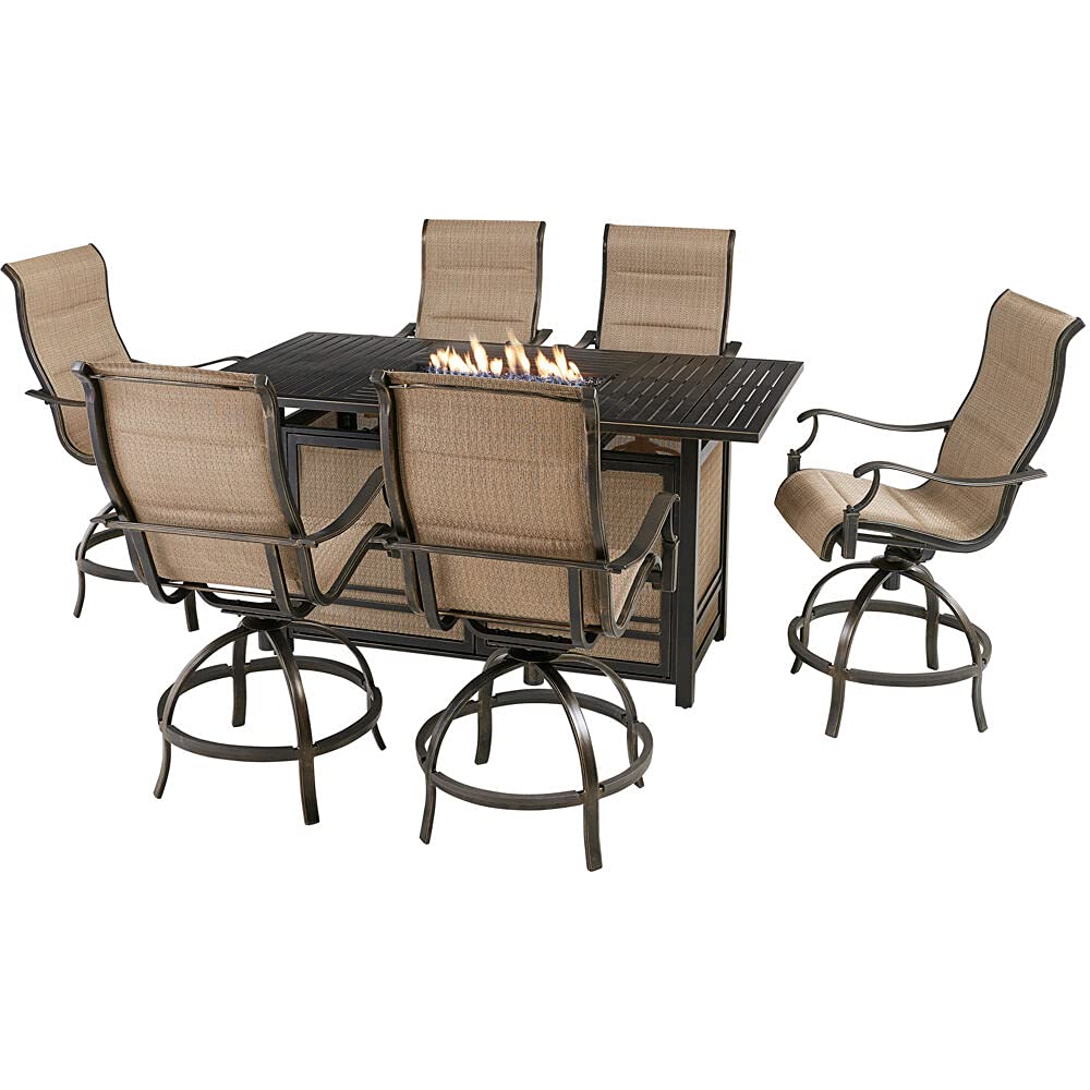 Hanover Traditions 7-Piece Outdoor High Dining Fire Patio Set, 6 Counter-Height Padded Sling Swivel Chairs and Slat-Top Gas Fire Pit Aluminum Table, Brushed Bronze Finish, Rust-Resistant, All-Weather ( incomplete, Missing chairs )