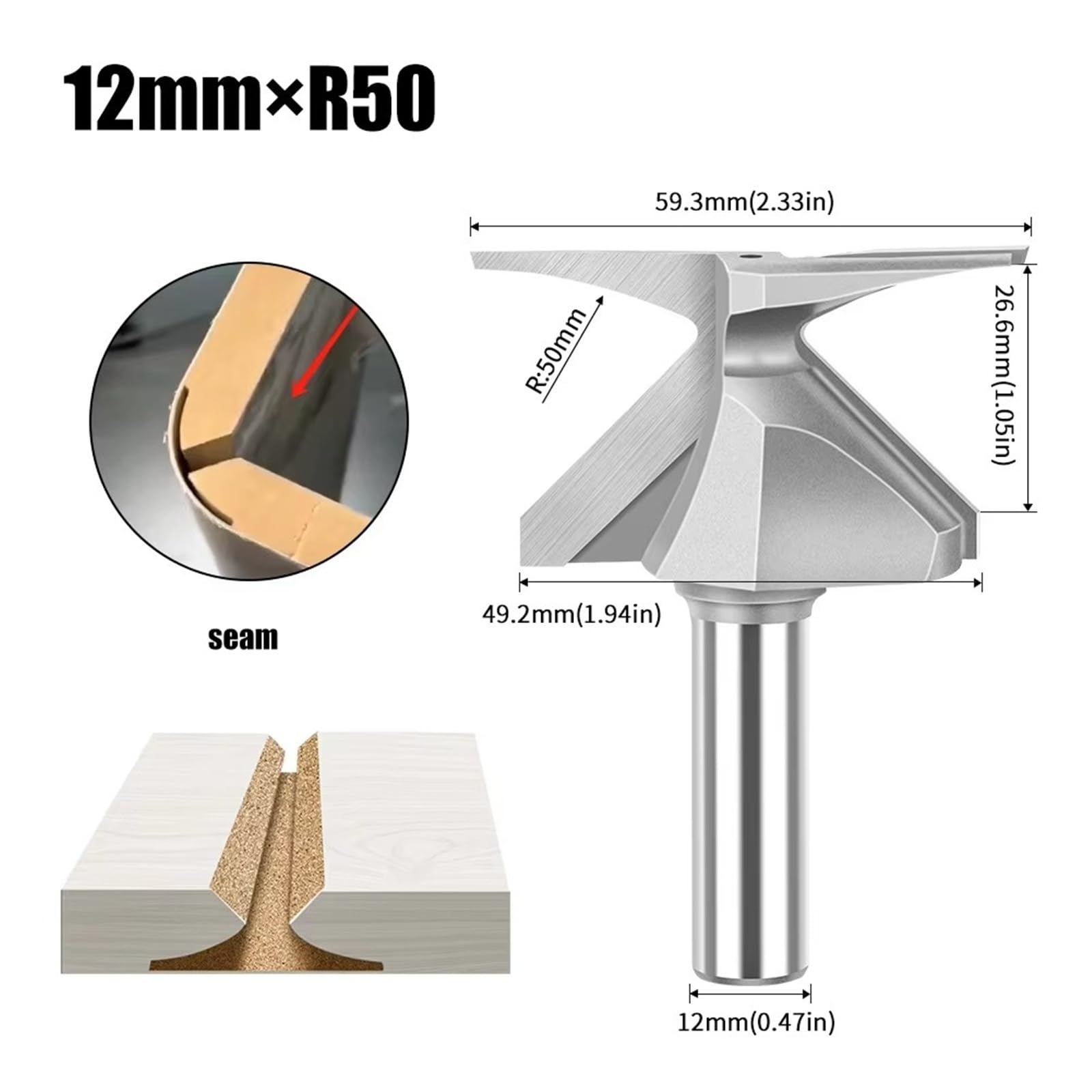 Fresa per incastri maschio-femmina, Punta for fresa 6mm 12mm 1/2" 1/4" Gambo Curvatura ad arco Lega di tungsteno cobalto(12xr50 Seam)