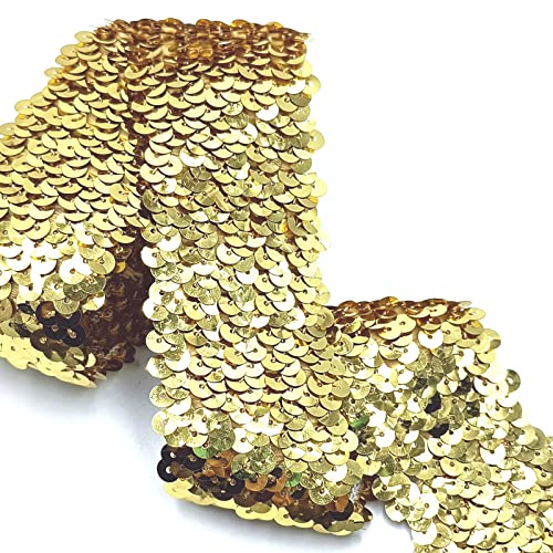 YOOGCORETT 2 Yards Gold Elastic Sequin Ribbon Trim - Glitter Metallic Stretch Flat for Sewing Dress, Costume Embellishments, Headband and Crafts - 1.8 Inch