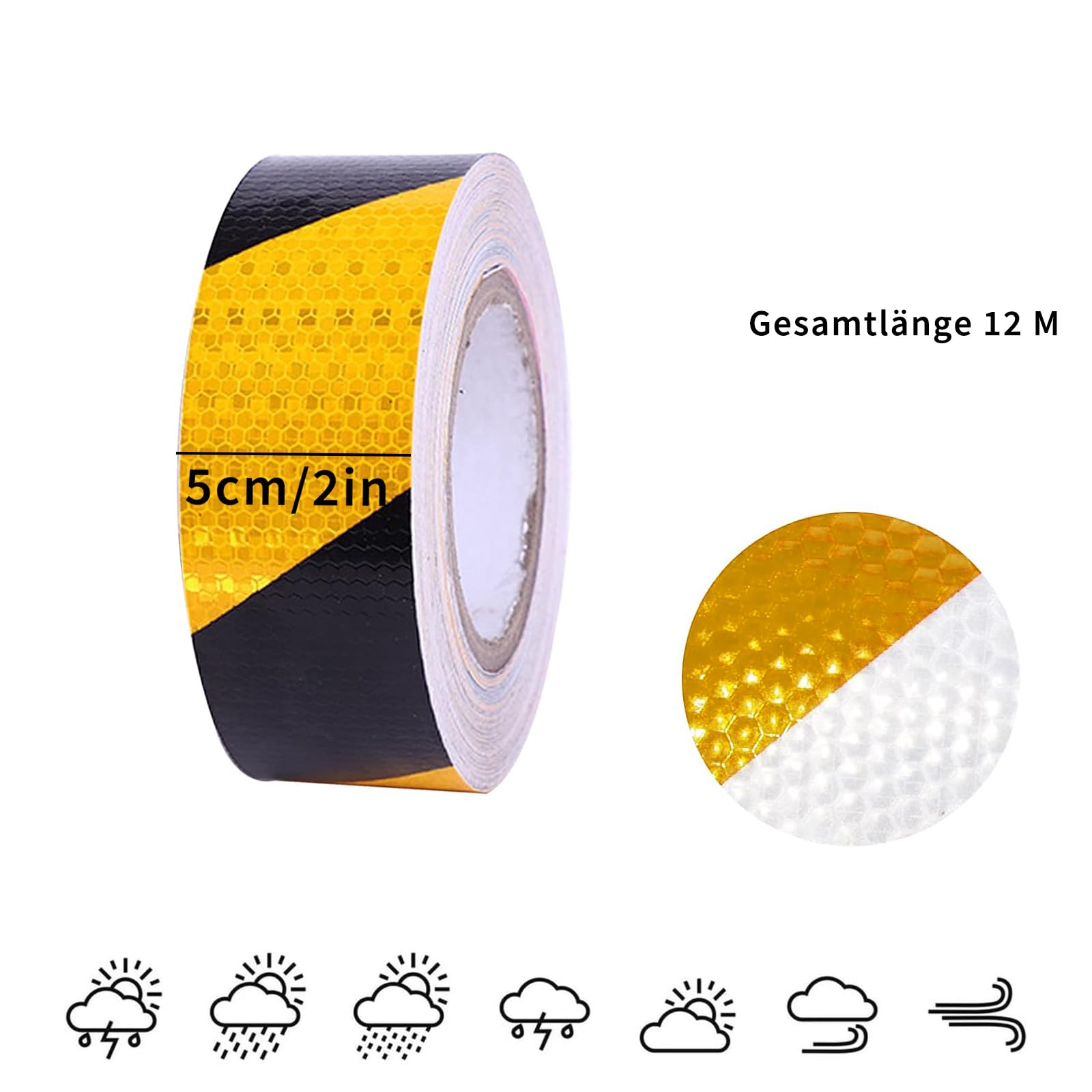 12m × 5cm Nastro Catarifrangente Adesivo, Nastro Segnaletico Giallo Nero, per la Sicurezza dei Segnali di Avvertimento