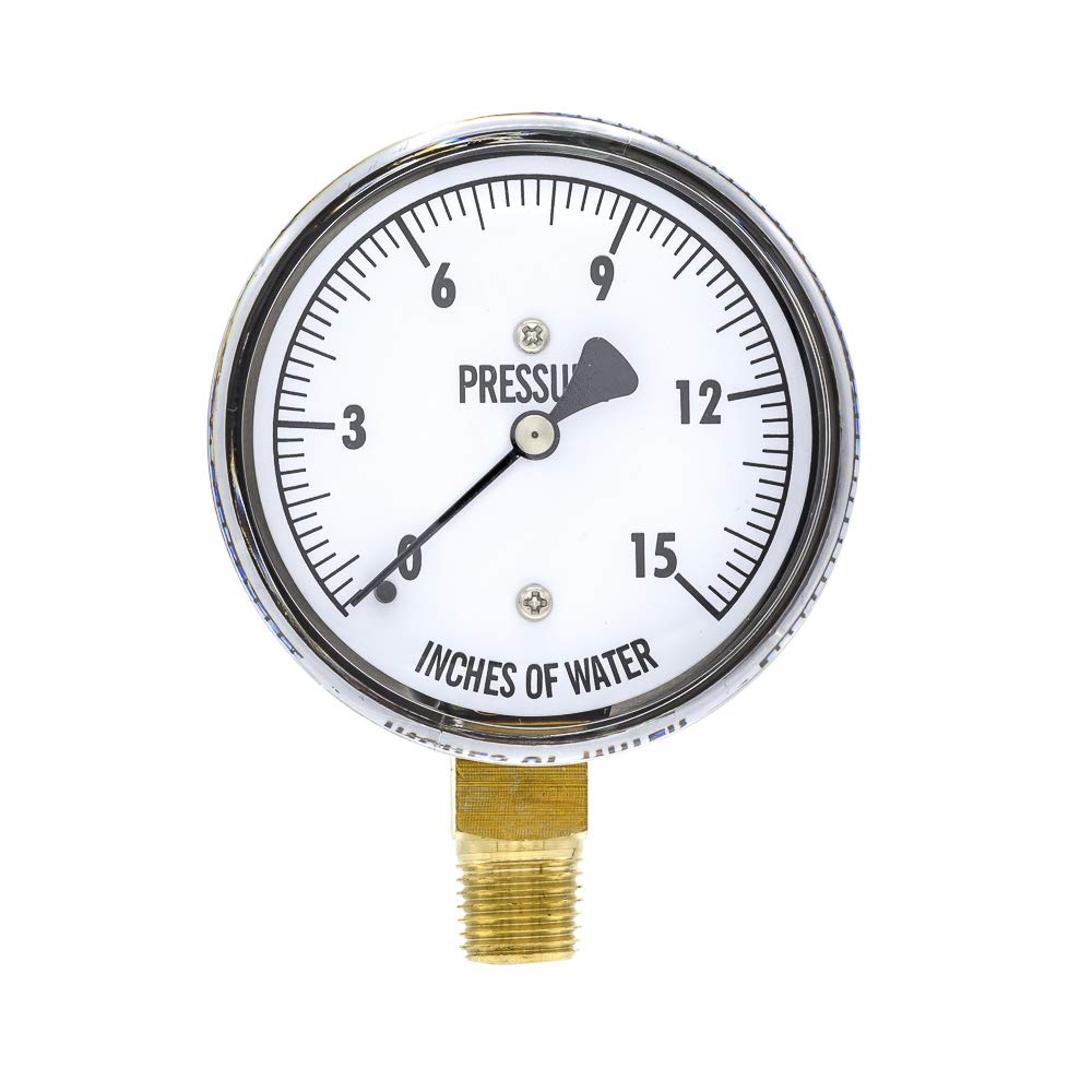 PIC Gauges LP1-254-5-0-15 Bottom Mount Dry Non-Fillable Low Pressure Gauge w/ Chrome Case, Brass Internals, Plastic Lens, 2.5" Dial, 5/0/15" wc psi Range, 1/4" Male NPT