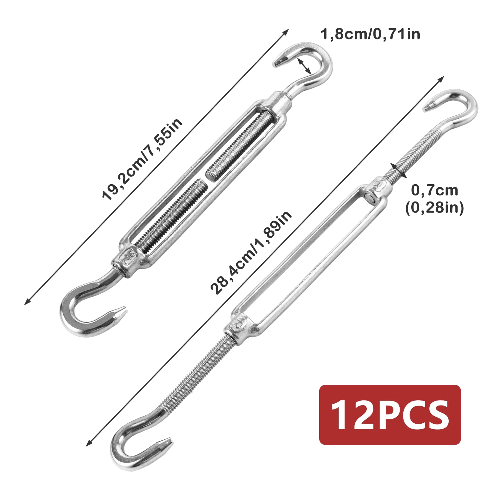 12 tenditori M8 x 192 mm, in acciaio inox 304, tenditori regolabili con ganci, tenditori per tende da sole, tenditori per filo da giardino