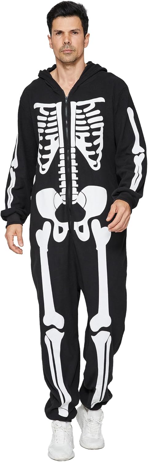 Skeleton Costume Adult Men Onesie Pajamas Cozy Halloween Costumes Outfit Suit with Hoodie for Mens One Piece Jumpsuit