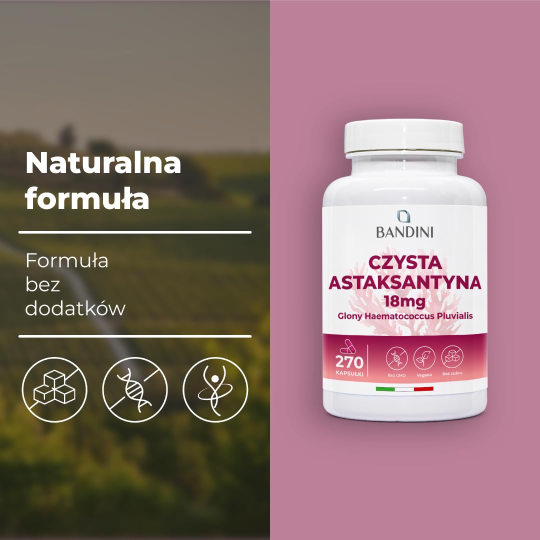 Bandini® Natural Astaxanthin - 18 mg 270 kapsułek - Najlepszy antyoksydant pozyskiwany z alg Haematococcus Pluvialis - chroni organizm przed utlenianiem - czysta astaksantyna