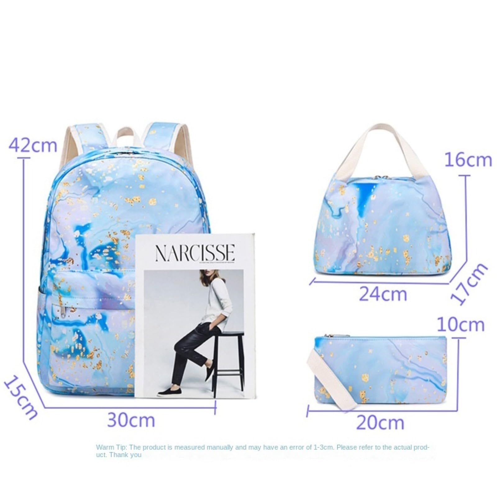 Zaino da Viaggio Borse Scolastiche 3pcs per Ragazze Set Scolastico Carino Libro Borsa Scuola Impermeabile con Pranzo Cassa A Matita