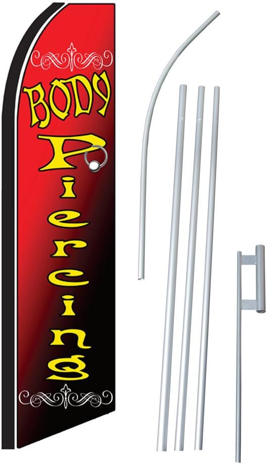 NEOPlex -"Body Piercing Red (Extra Wide)" Complete Flag Kit - Includes 12' Swooper Feather Business Flag with 15-Foot Anodized Aluminum Flagpole and Ground Spike