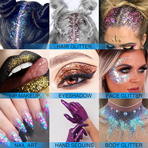 12 Colors Body Glitter Gel Kit, Super Long Lasting Holographic Chunky Glitter Gel Festival Party Makeup For Face, Body, Hair, Nail Art, Eyeshadow, 3Pcs Sponge Makeup Brush Include (Set A) #TOP5