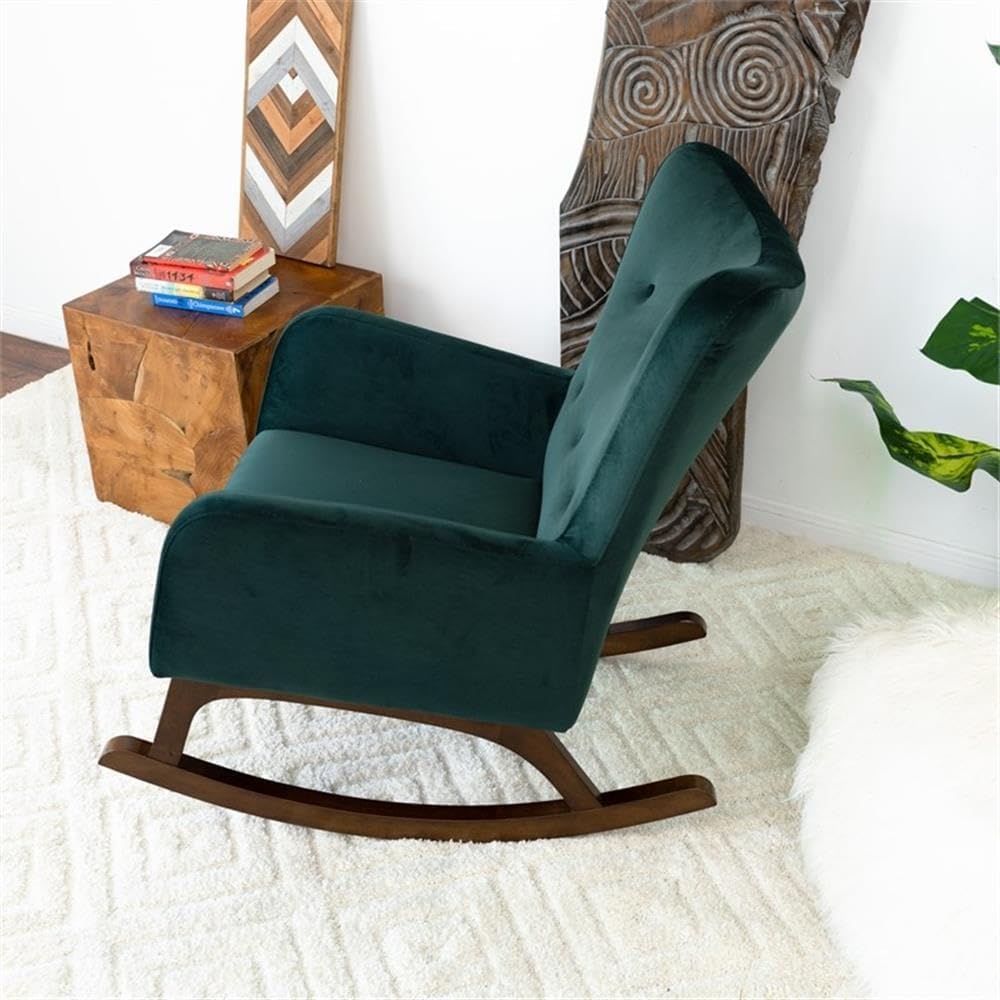Pemberly Row Mid-Century Velvet Rocking Chair, Green Upholstery, Solid Wood Walnut Frame, 36.5"H x 26"W x 36"D, Button-Tufted Cushions, High-Density Foam, Comfortable Lounge Chair for Living Room or